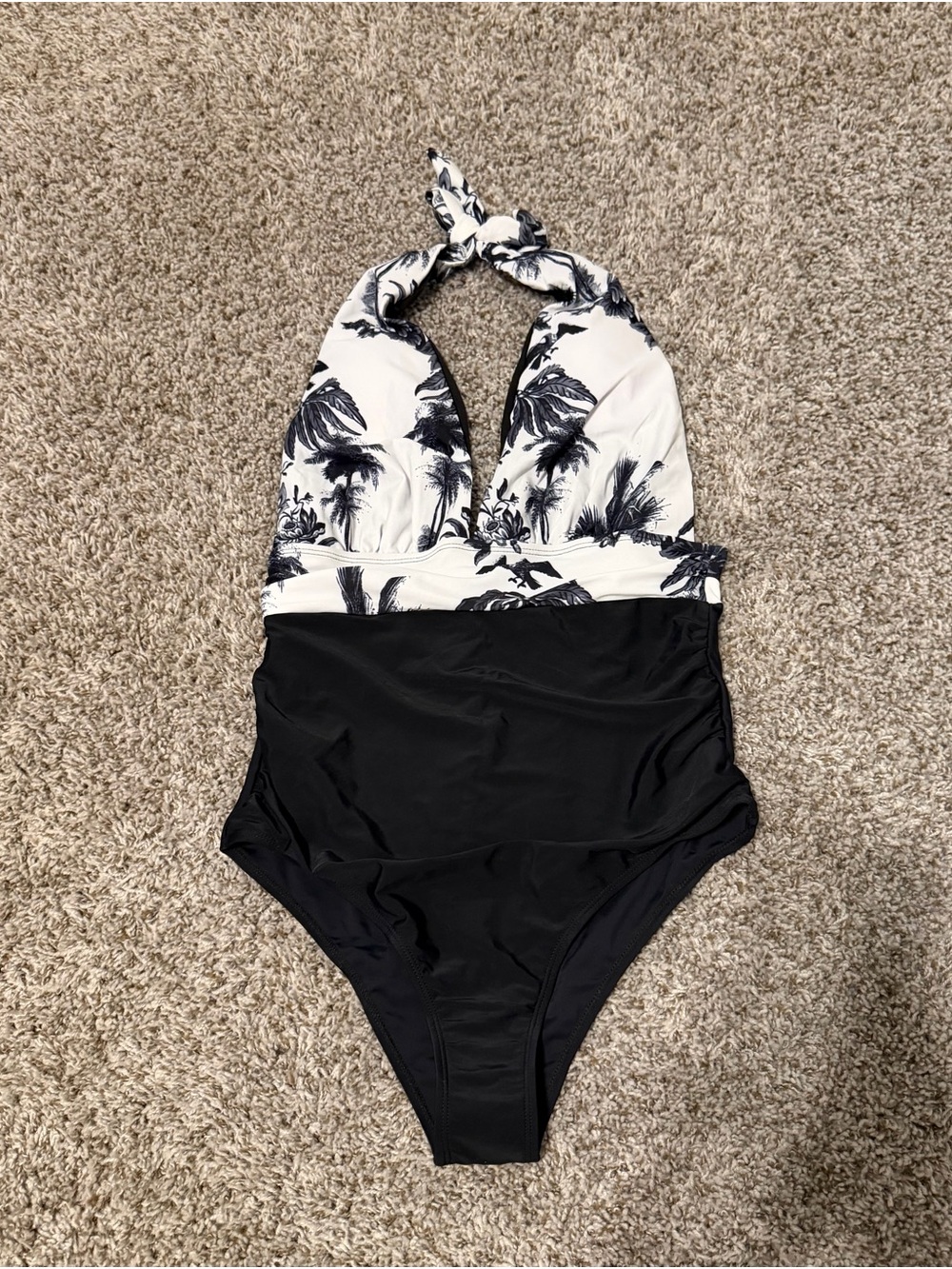 Black & White Palm Halter One-Piece Swimsuit